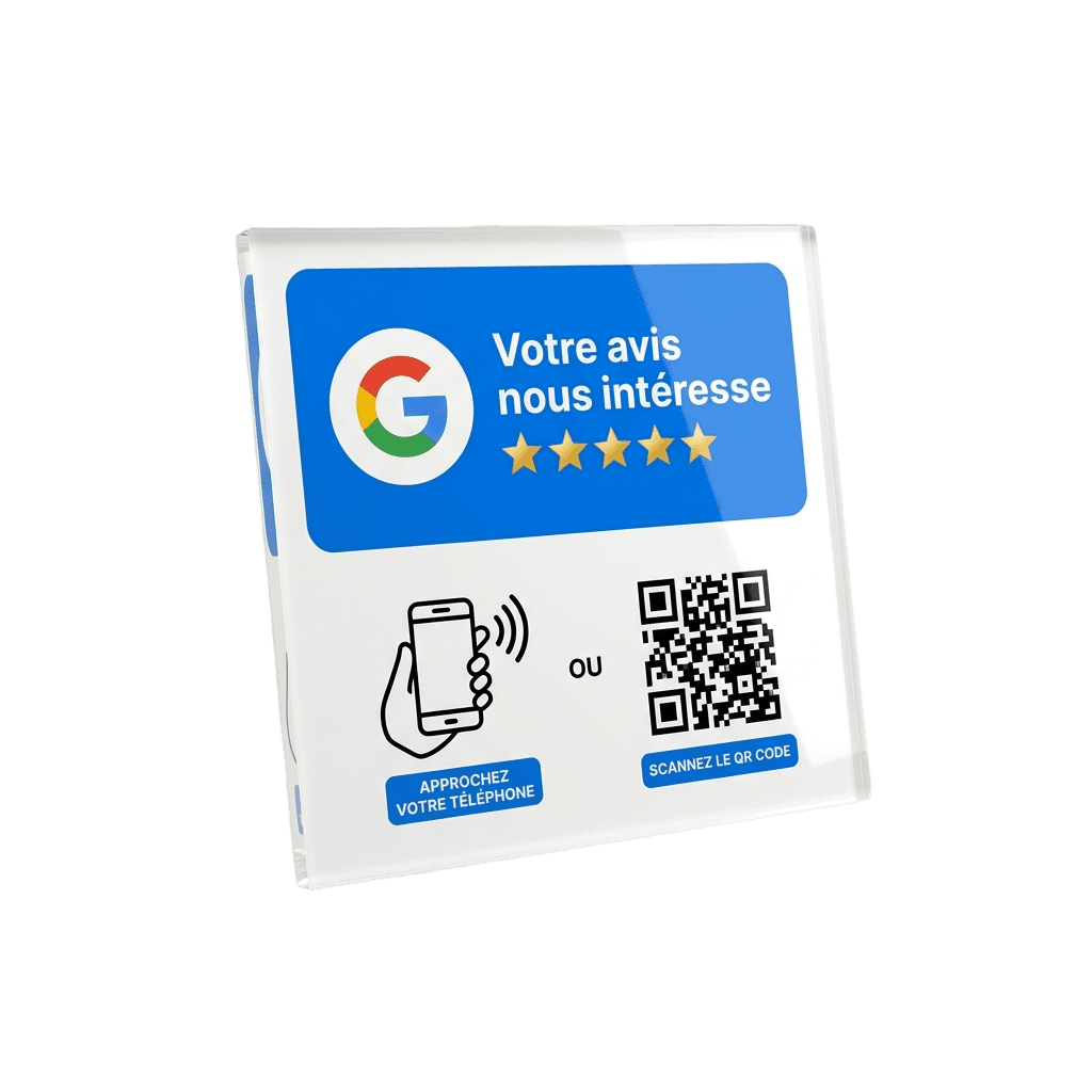 Plaquette ScanNShine posée sur un comptoir, prête à recevoir les avis Google